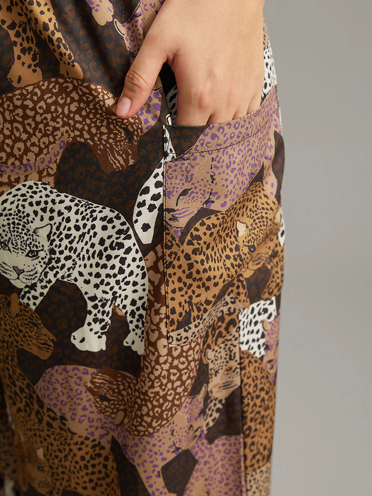 Leopard Print Elastic Waist Straight Leg Pants - Image 6