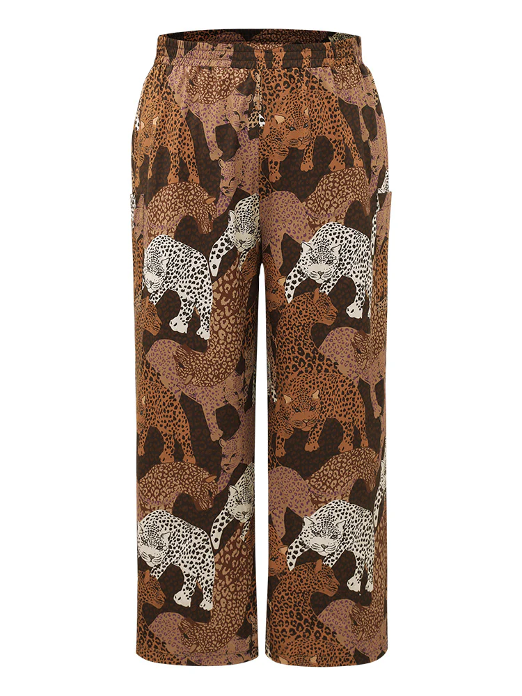 Leopard Print Elastic Waist Straight Leg Pants - Image 7