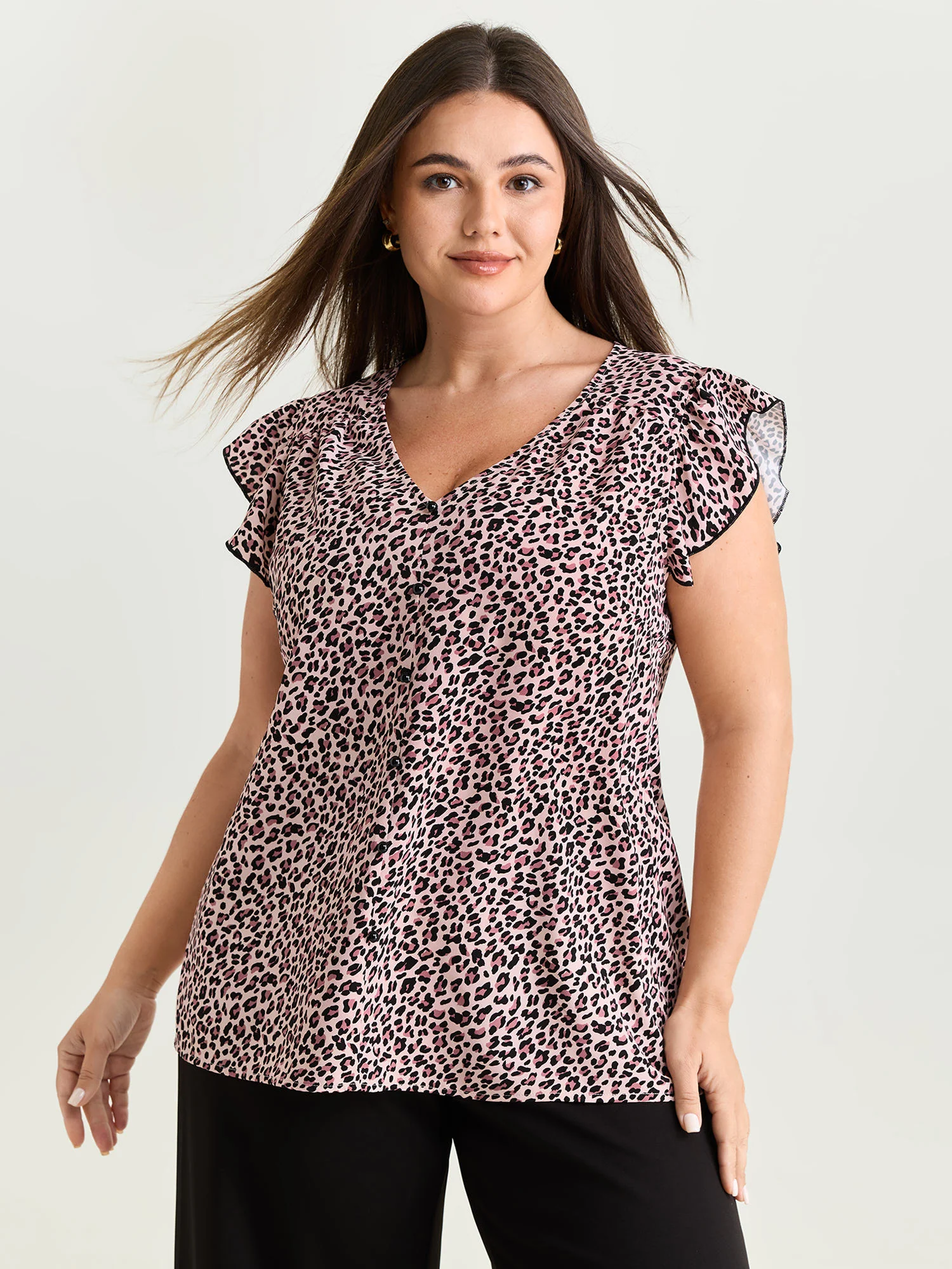 Leopard Print Flutter Sleeve Button Blouse - Image 2