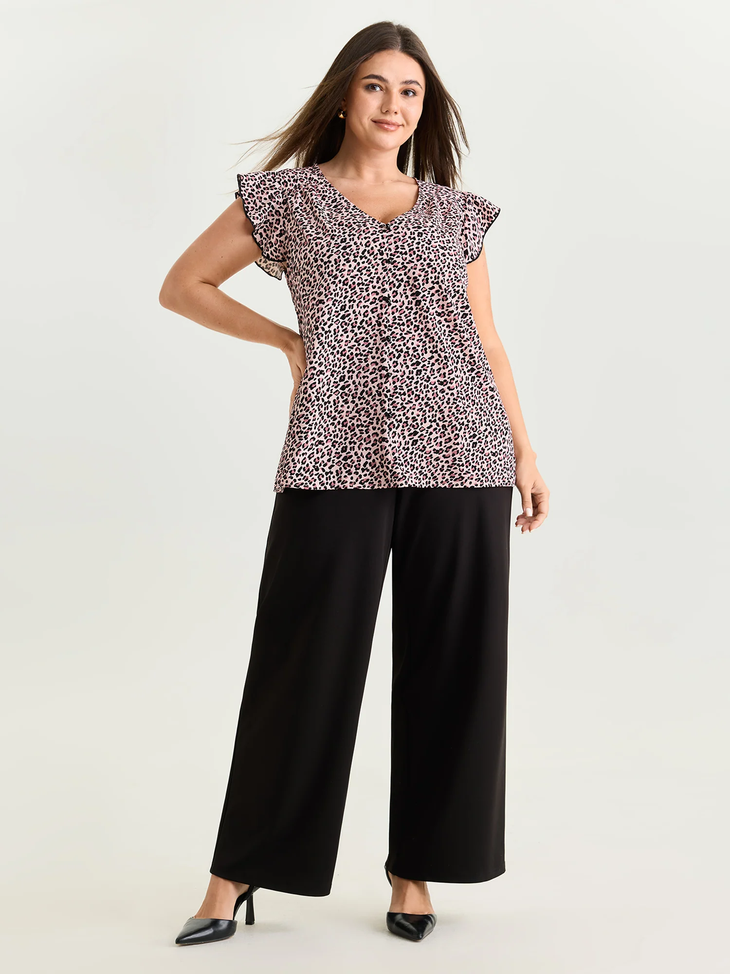 Leopard Print Flutter Sleeve Button Blouse - Image 3