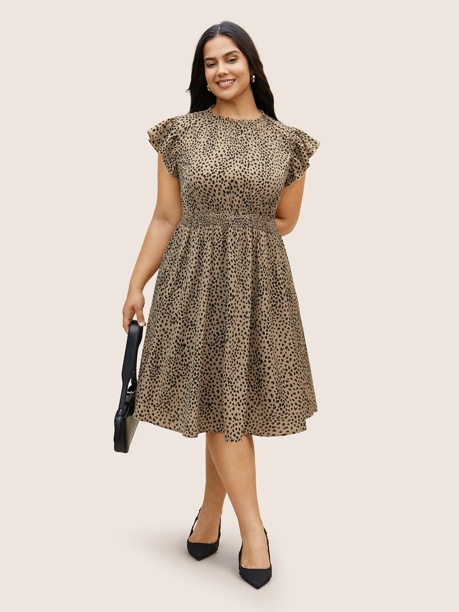 Leopard Print Frill Trim Cap Sleeve Dress