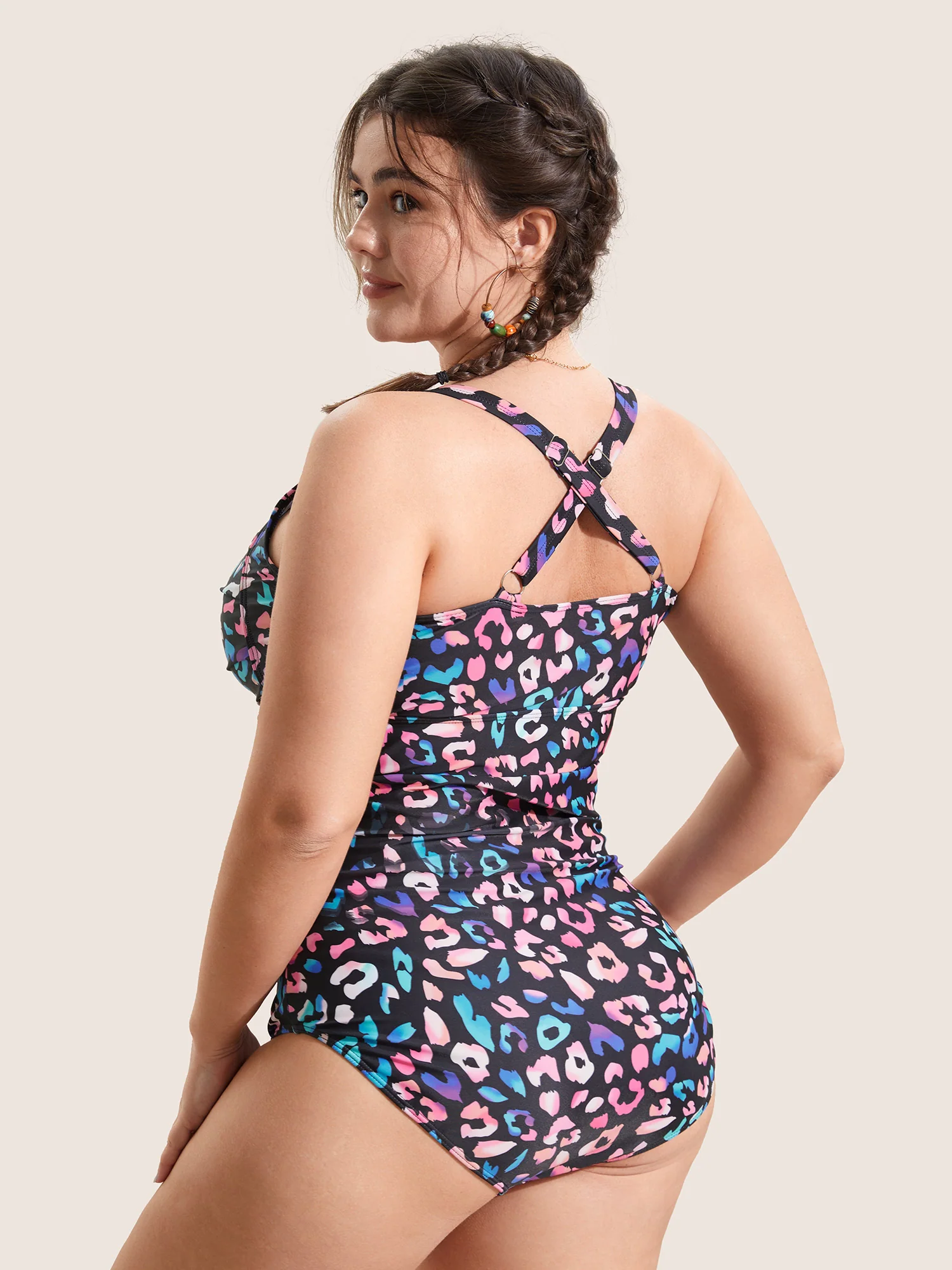 Leopard Print Gathered Knotted One Piece Swimsuit - Image 2