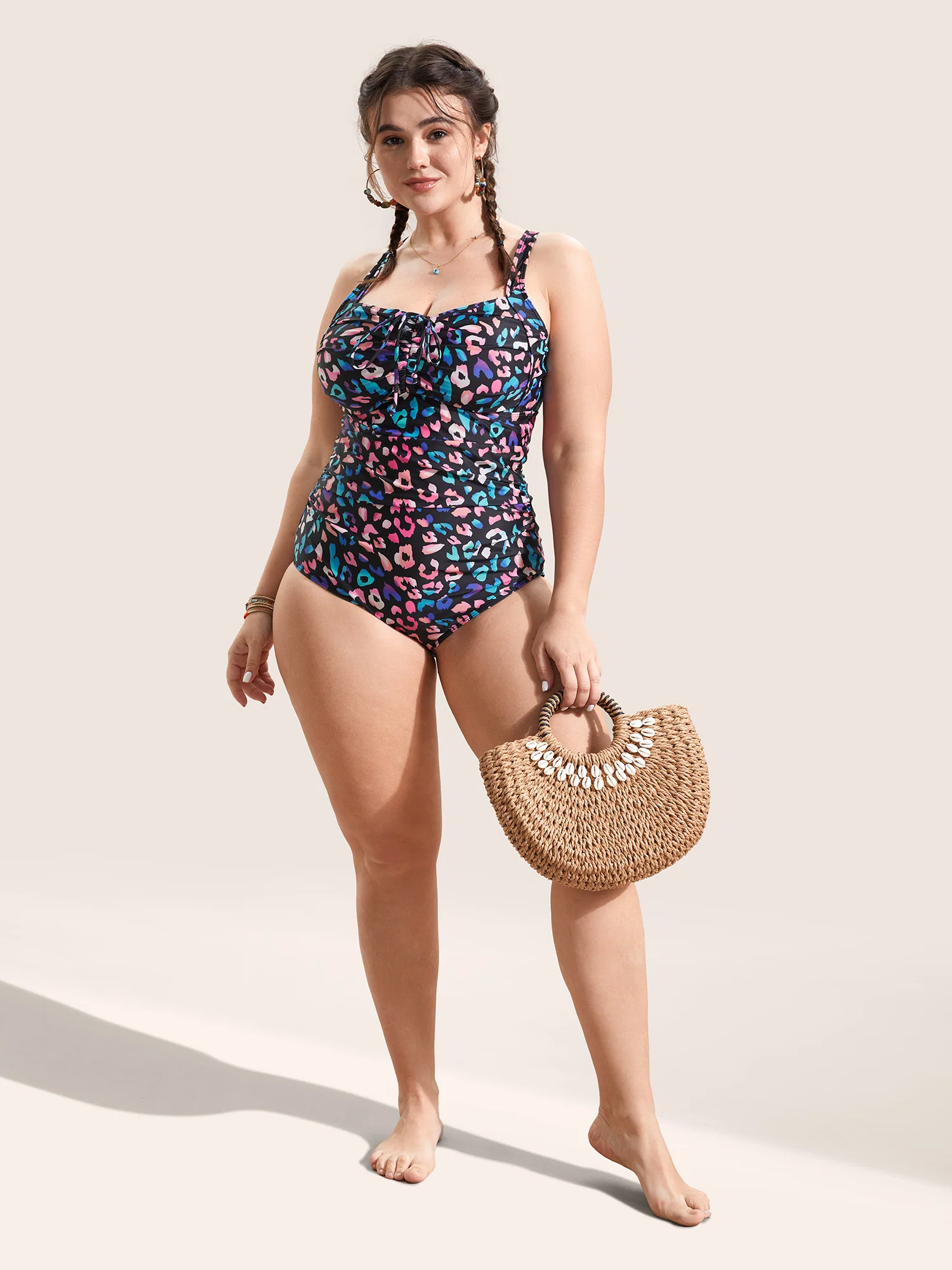 Leopard Print Gathered Knotted One Piece Swimsuit - Image 4