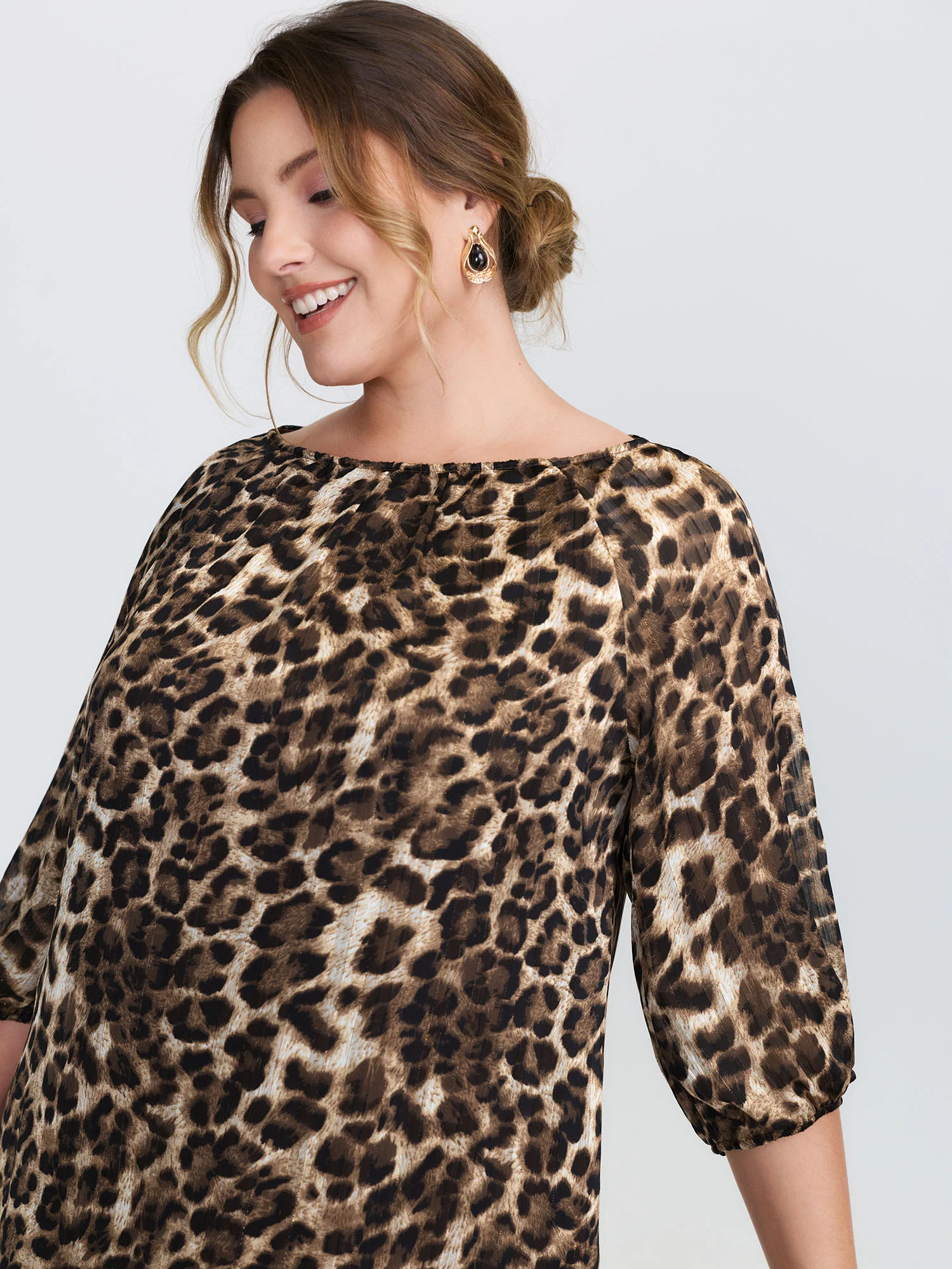 Leopard Print Gathered Neckline Blouse - Image 2