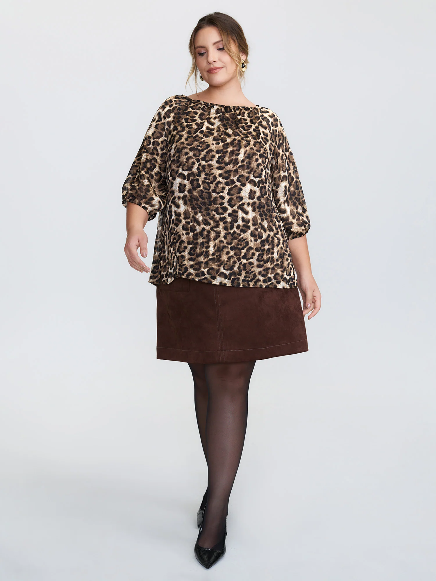 Leopard Print Gathered Neckline Blouse - Image 3