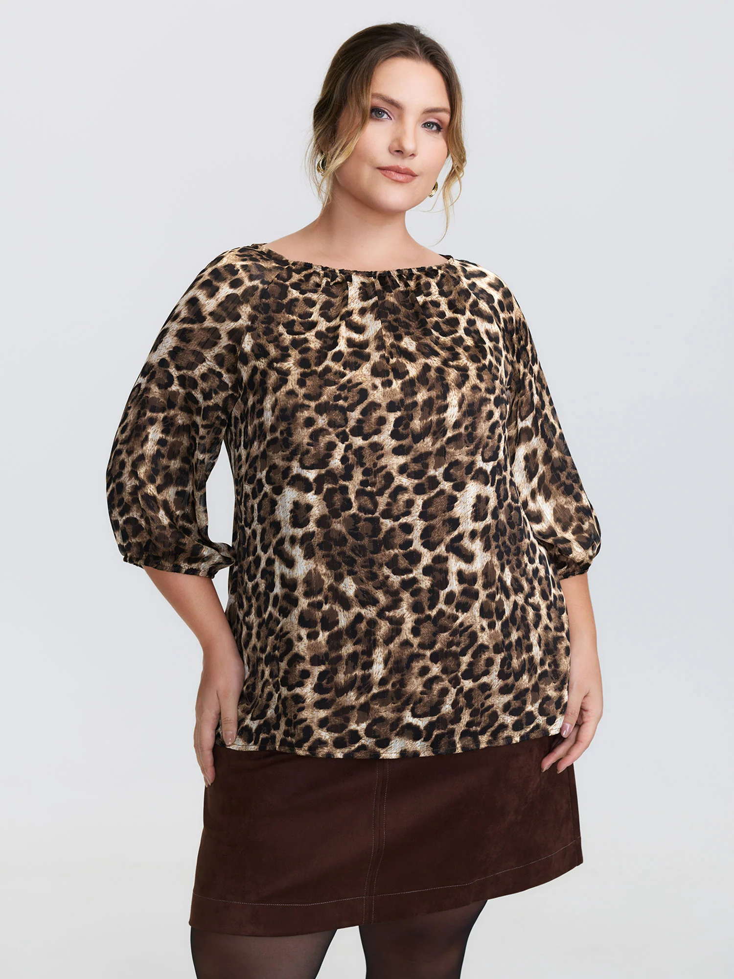 Leopard Print Gathered Neckline Blouse - Image 4