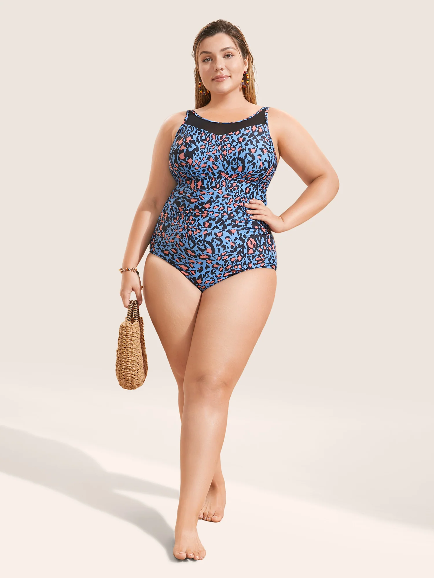 Leopard Print Gathered See Through One Piece Swimsuit - Image 4