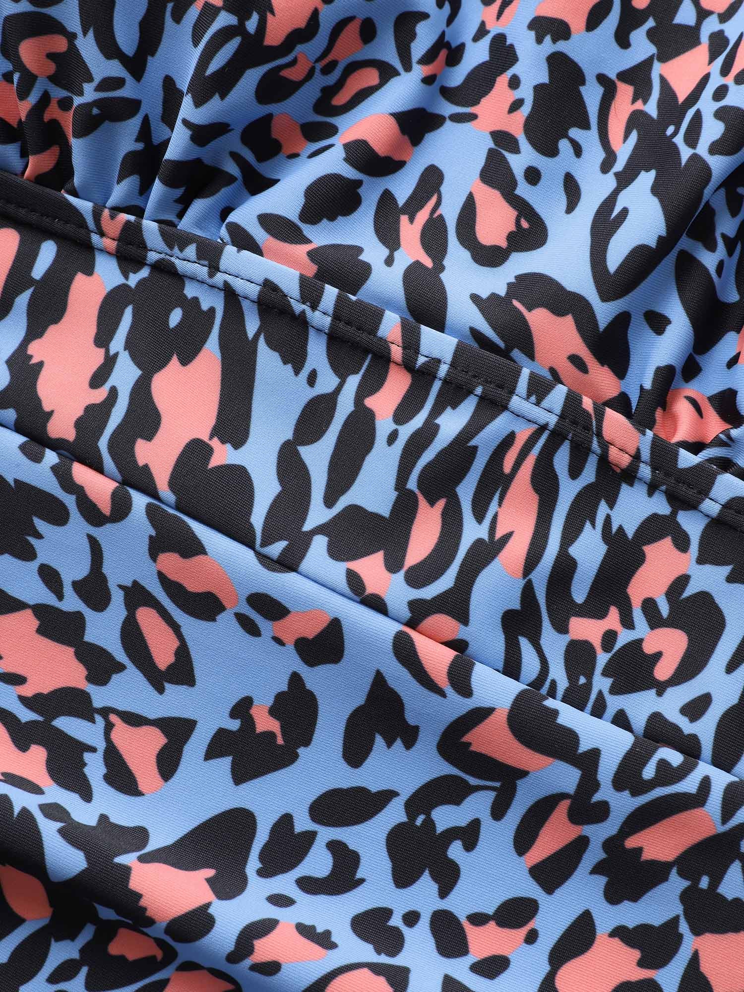 Leopard Print Gathered See Through One Piece Swimsuit - Image 6
