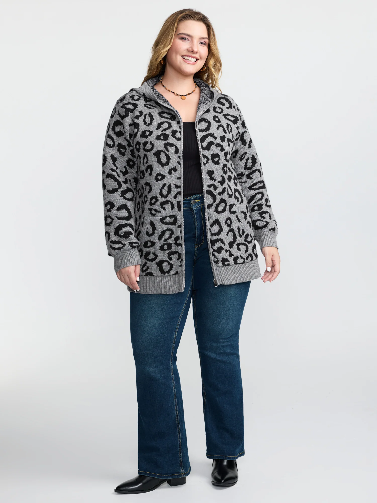 Leopard Print Jacquard Hooded Knit Cardigan - Image 3