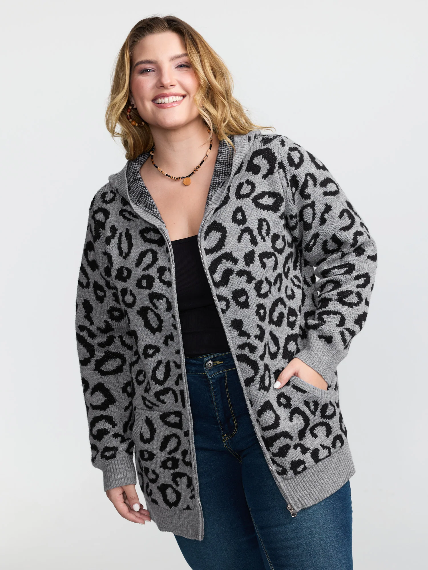 Leopard Print Jacquard Hooded Knit Cardigan - Image 4