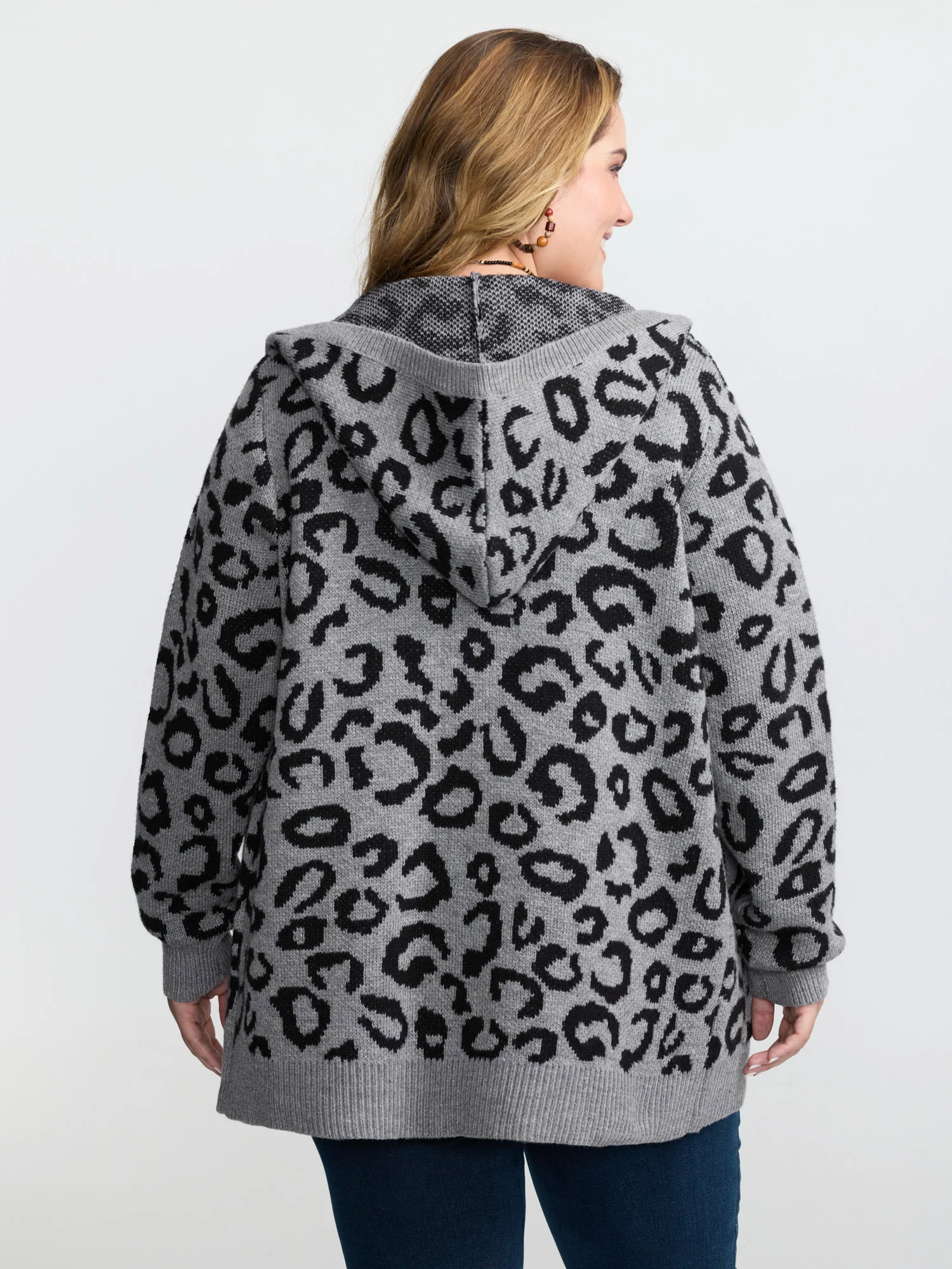 Leopard Print Jacquard Hooded Knit Cardigan - Image 5