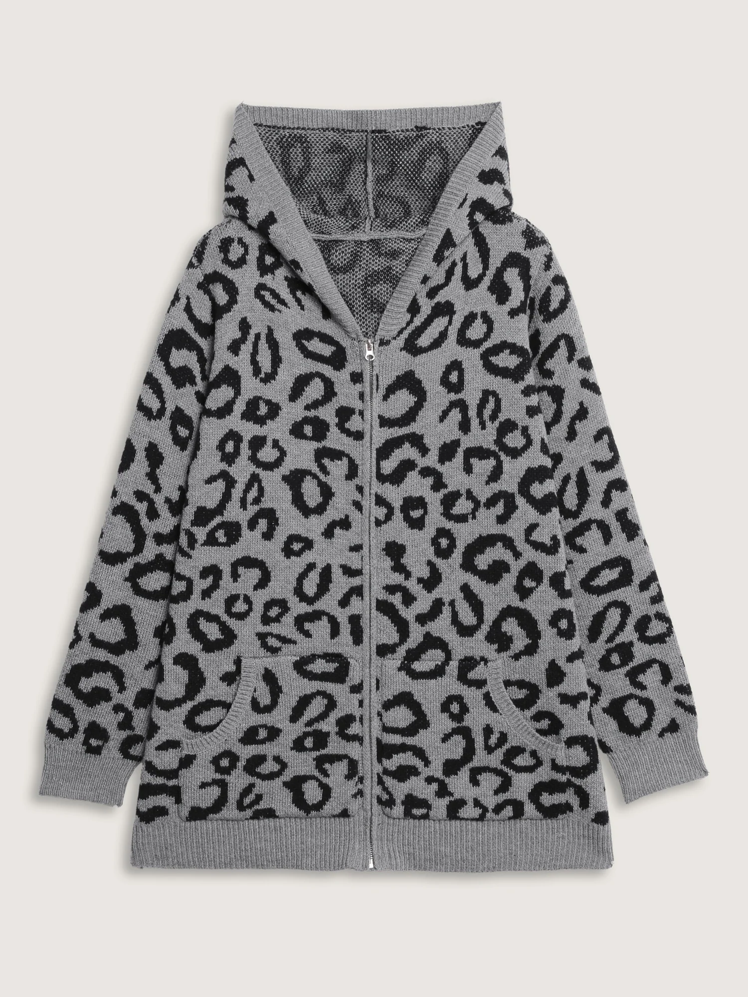 Leopard Print Jacquard Hooded Knit Cardigan - Image 8