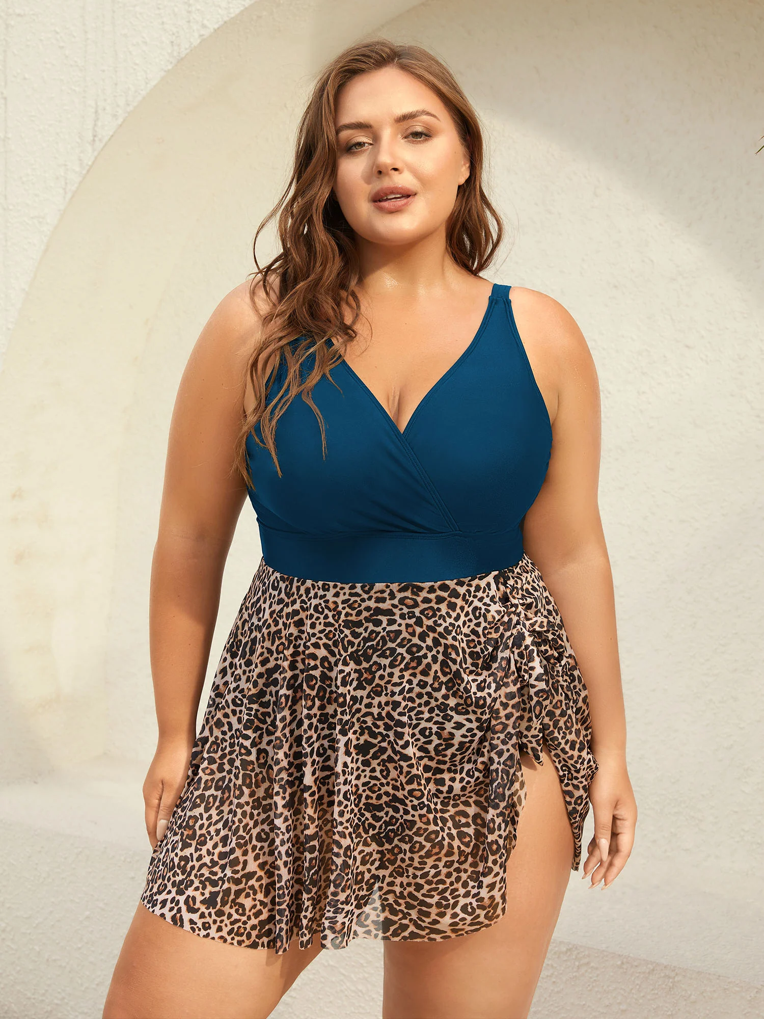 Leopard Print Knotted Surplice Swim Dress - Image 10