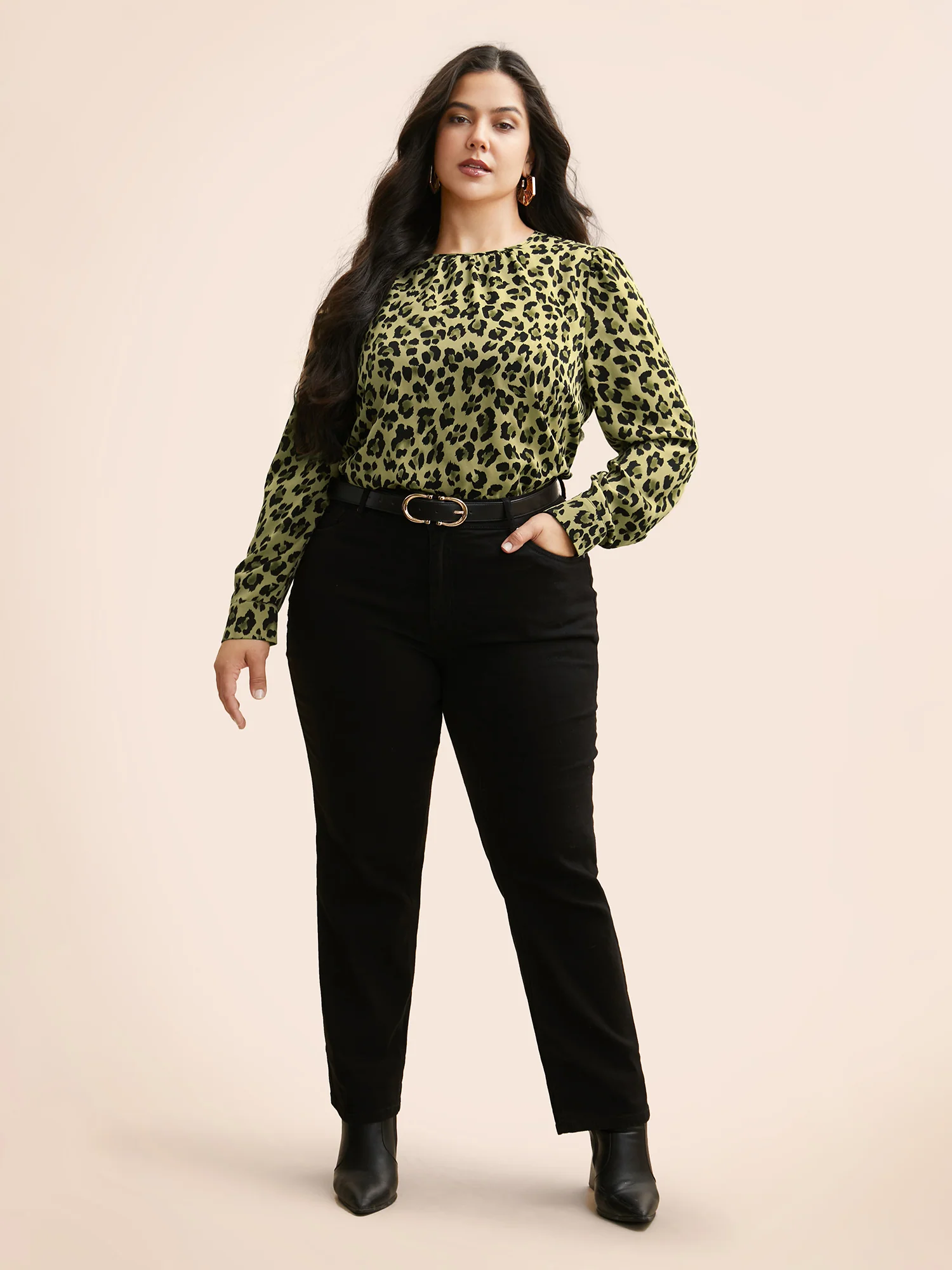 Leopard Print Mock Neck Gathered Blouse - Image 2