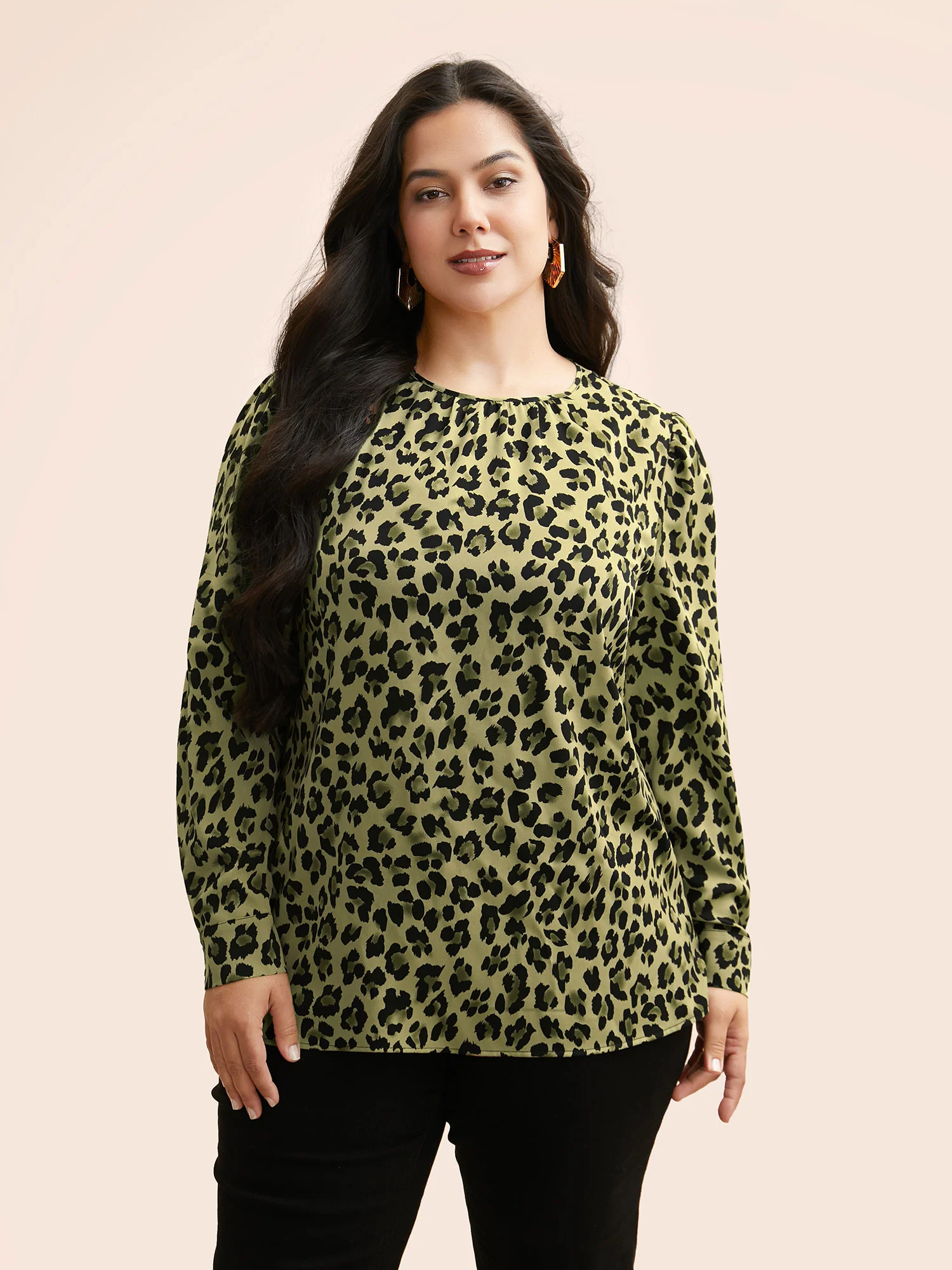 Leopard Print Mock Neck Gathered Blouse - Image 4