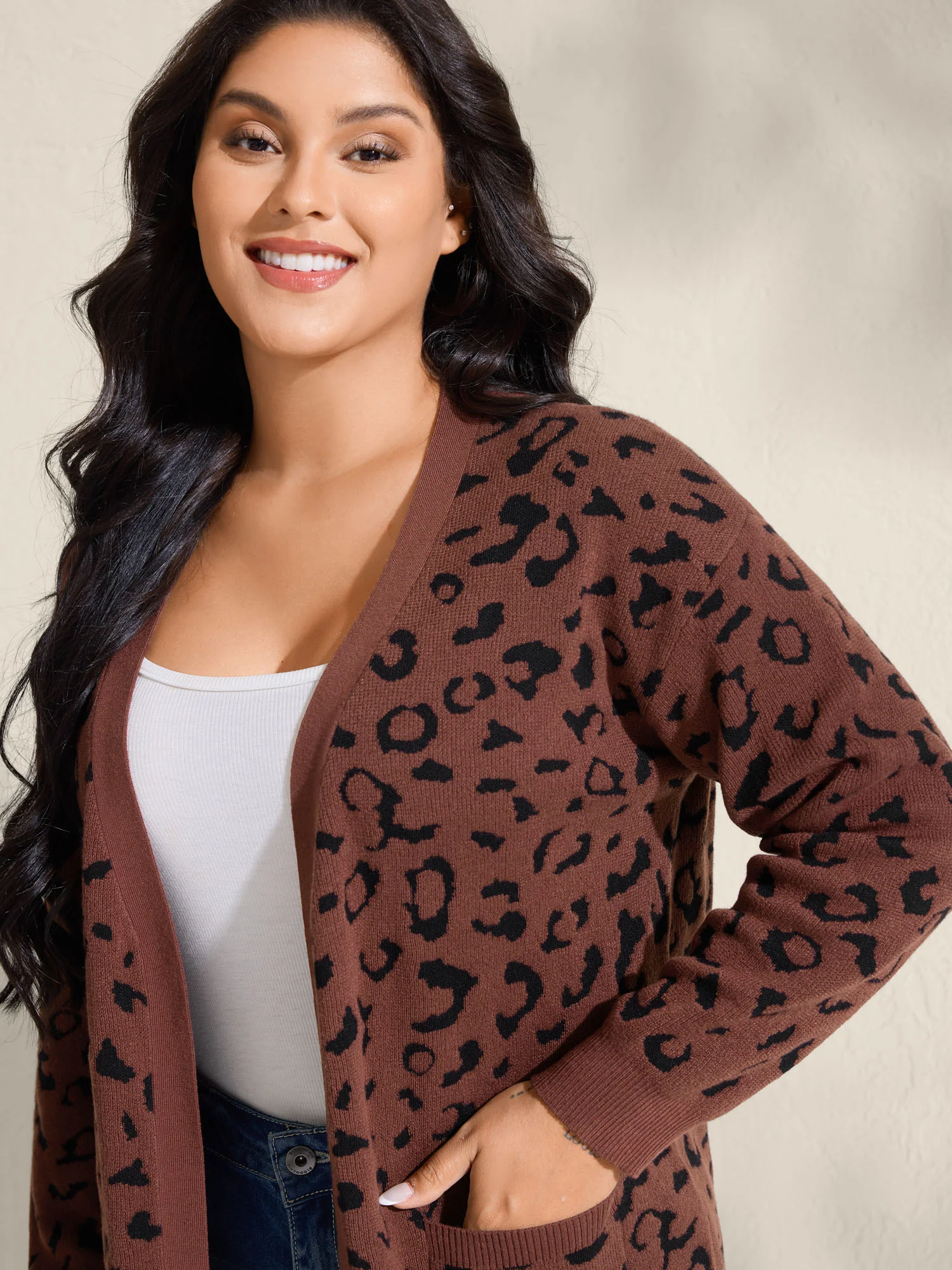 Leopard Print Patch Pockets Front-Open Cardigan - Image 2