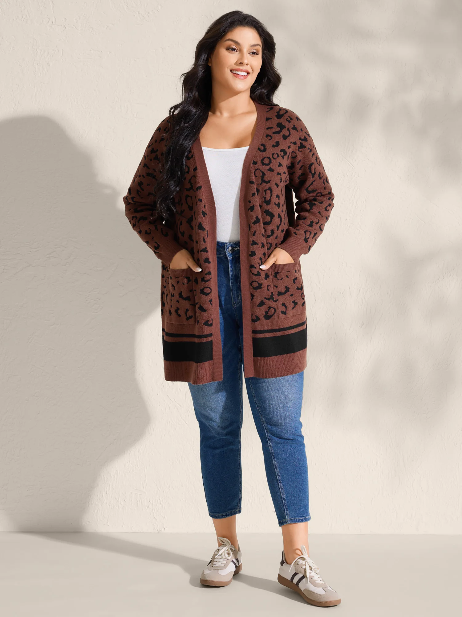 Leopard Print Patch Pockets Front-Open Cardigan - Image 3