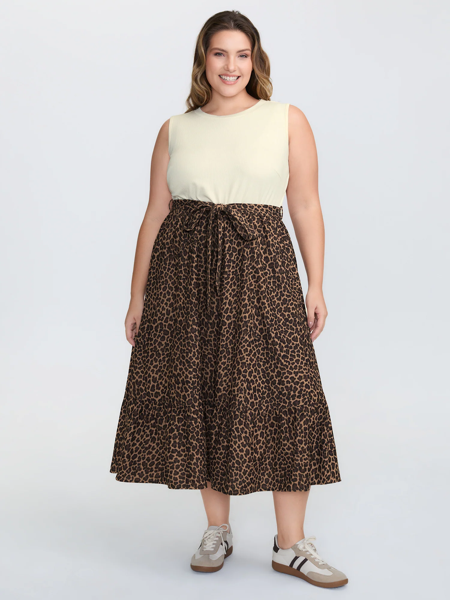 Leopard Print Patchwork Belted Waist Midi Dress - Image 3
