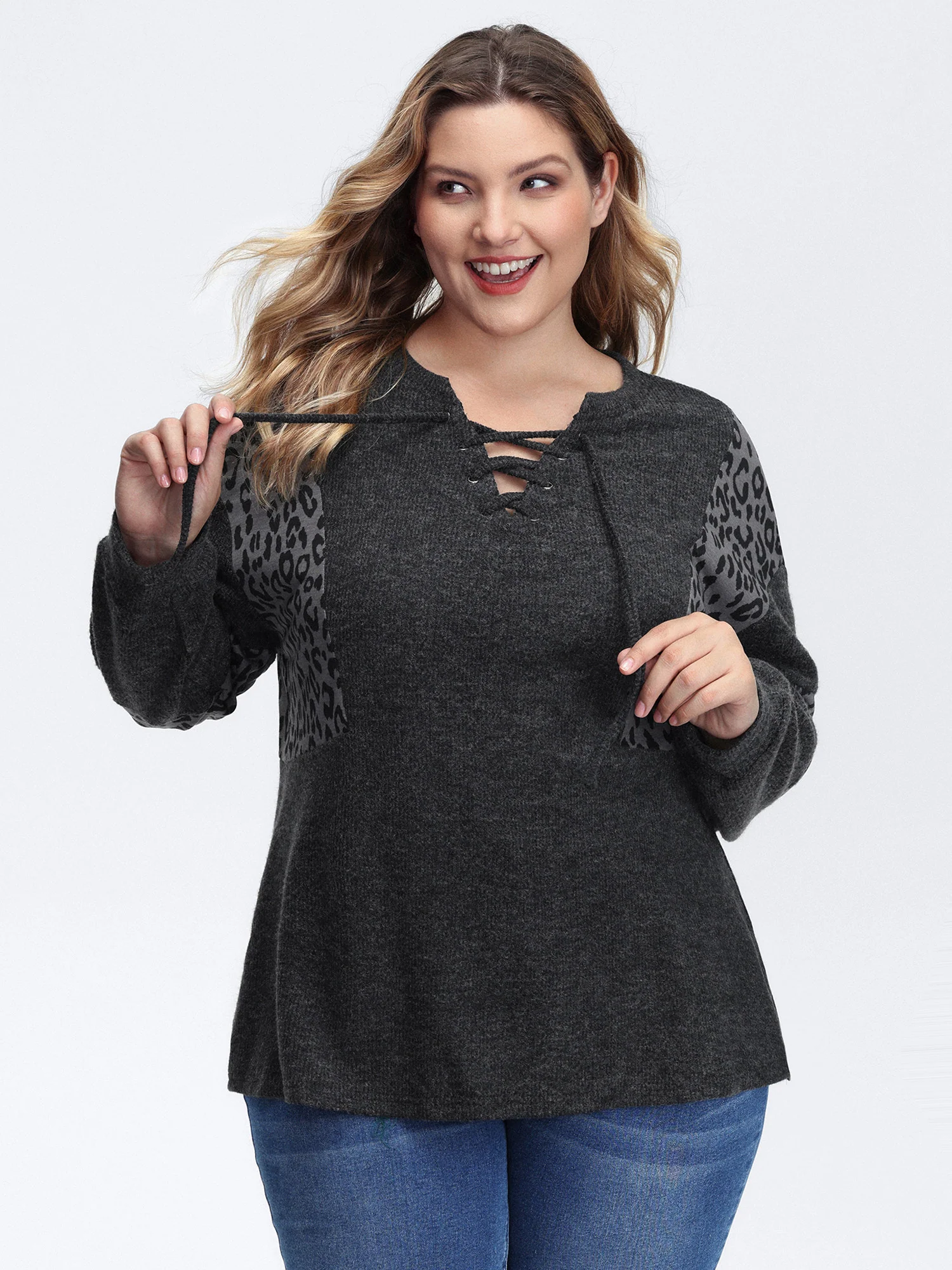 Leopard Print Patchwork Cross-Tie Neckline Sweatshirt