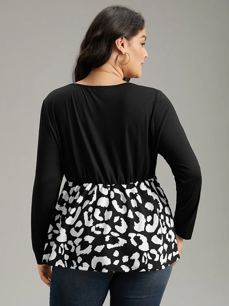 Leopard Print Patchwork Gathered T-shirt - Image 2