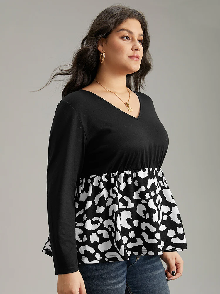 Leopard Print Patchwork Gathered T-shirt - Image 3