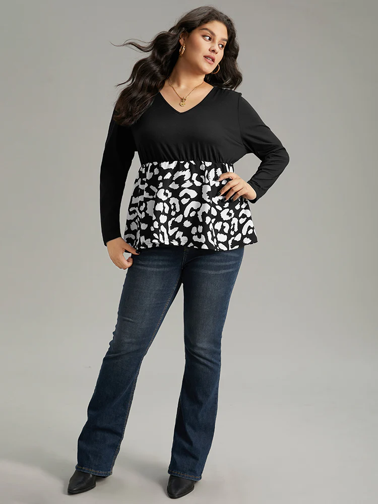 Leopard Print Patchwork Gathered T-shirt - Image 4