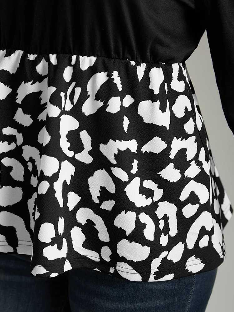 Leopard Print Patchwork Gathered T-shirt - Image 6