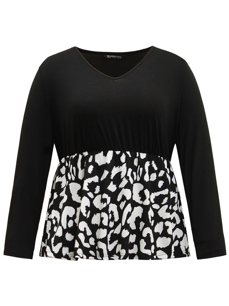 Leopard Print Patchwork Gathered T-shirt - Image 7