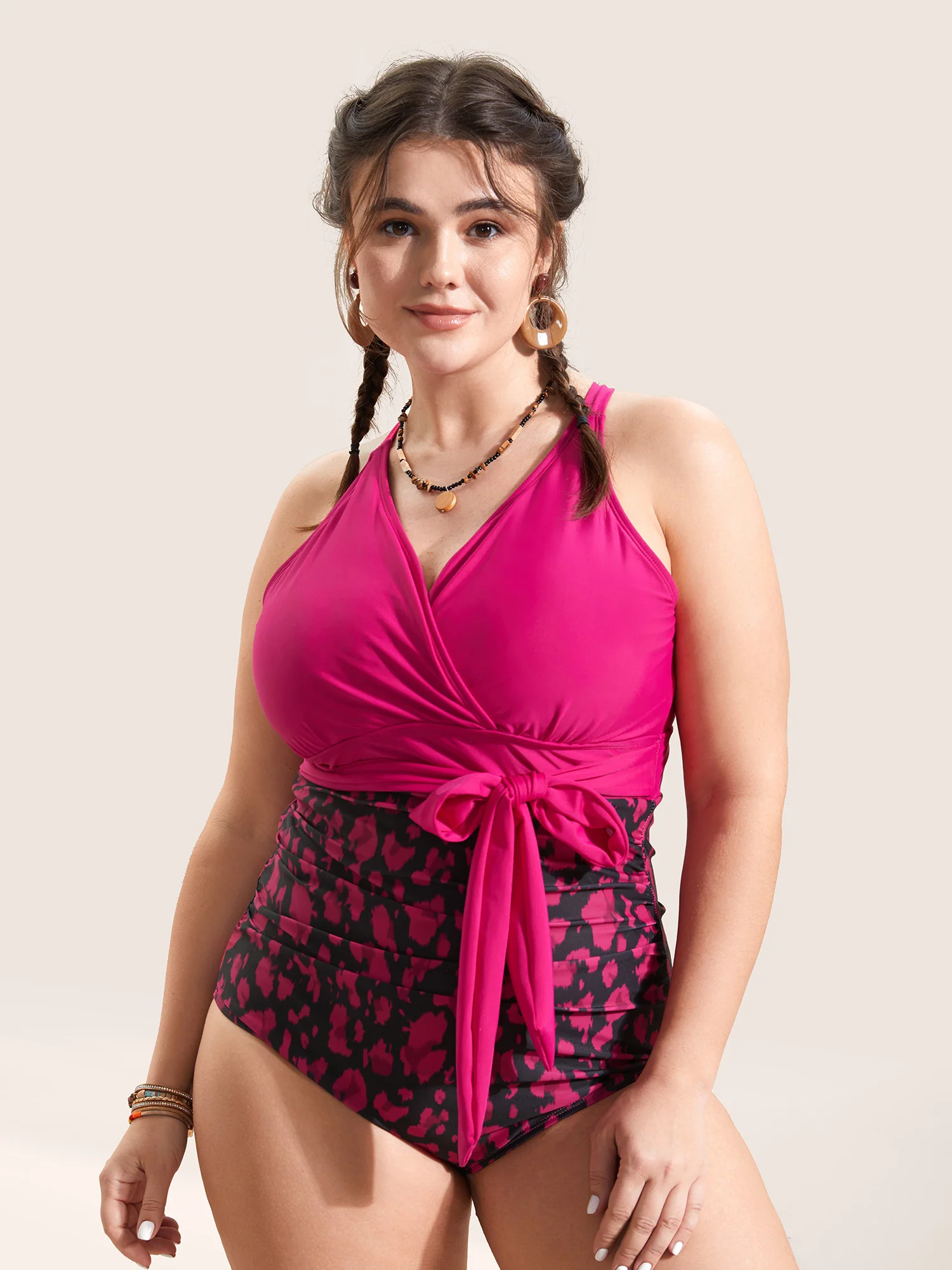 Leopard Print Patchwork Tie Knot One Piece Swimsuit - Image 3