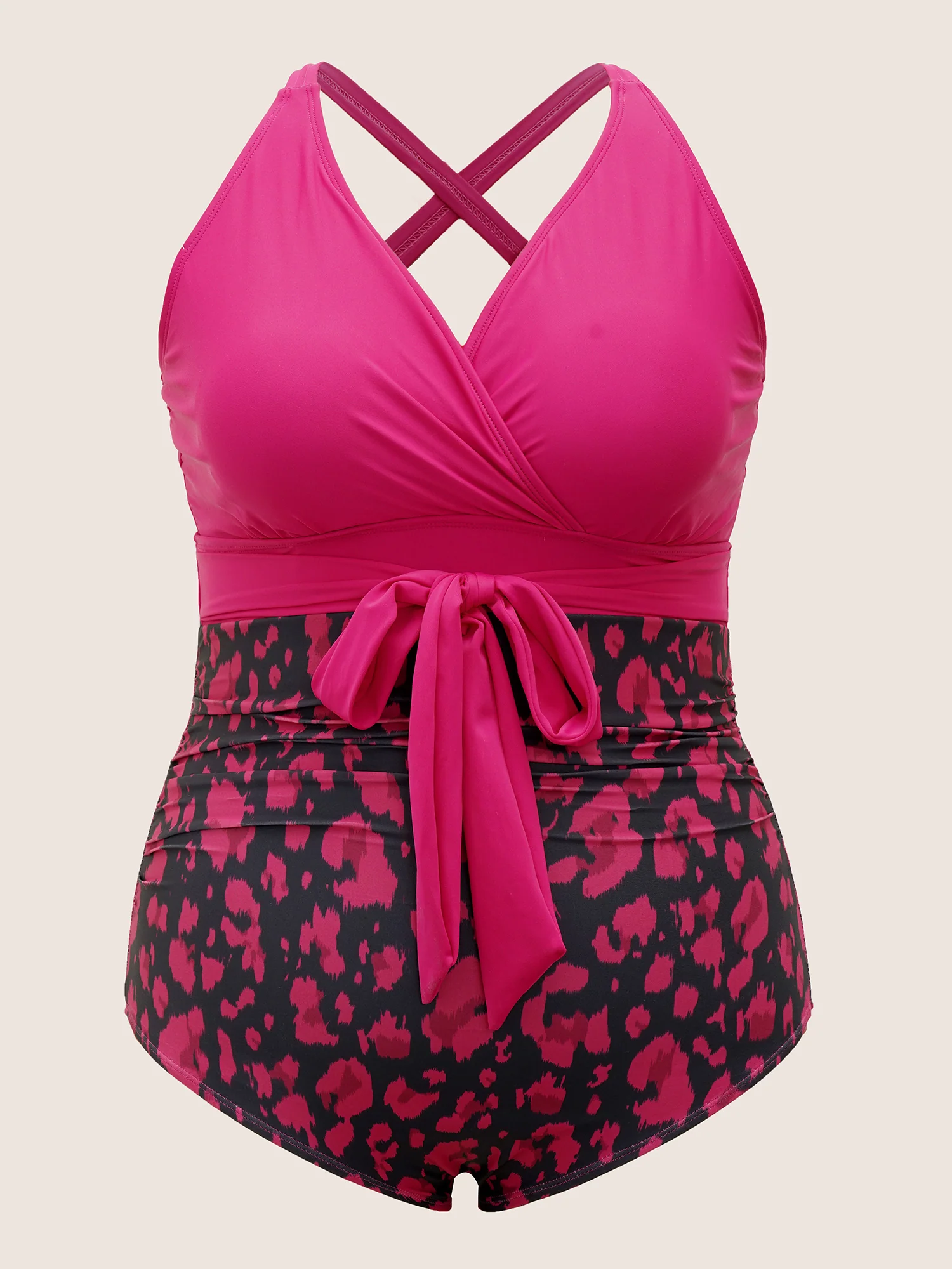 Leopard Print Patchwork Tie Knot One Piece Swimsuit - Image 8