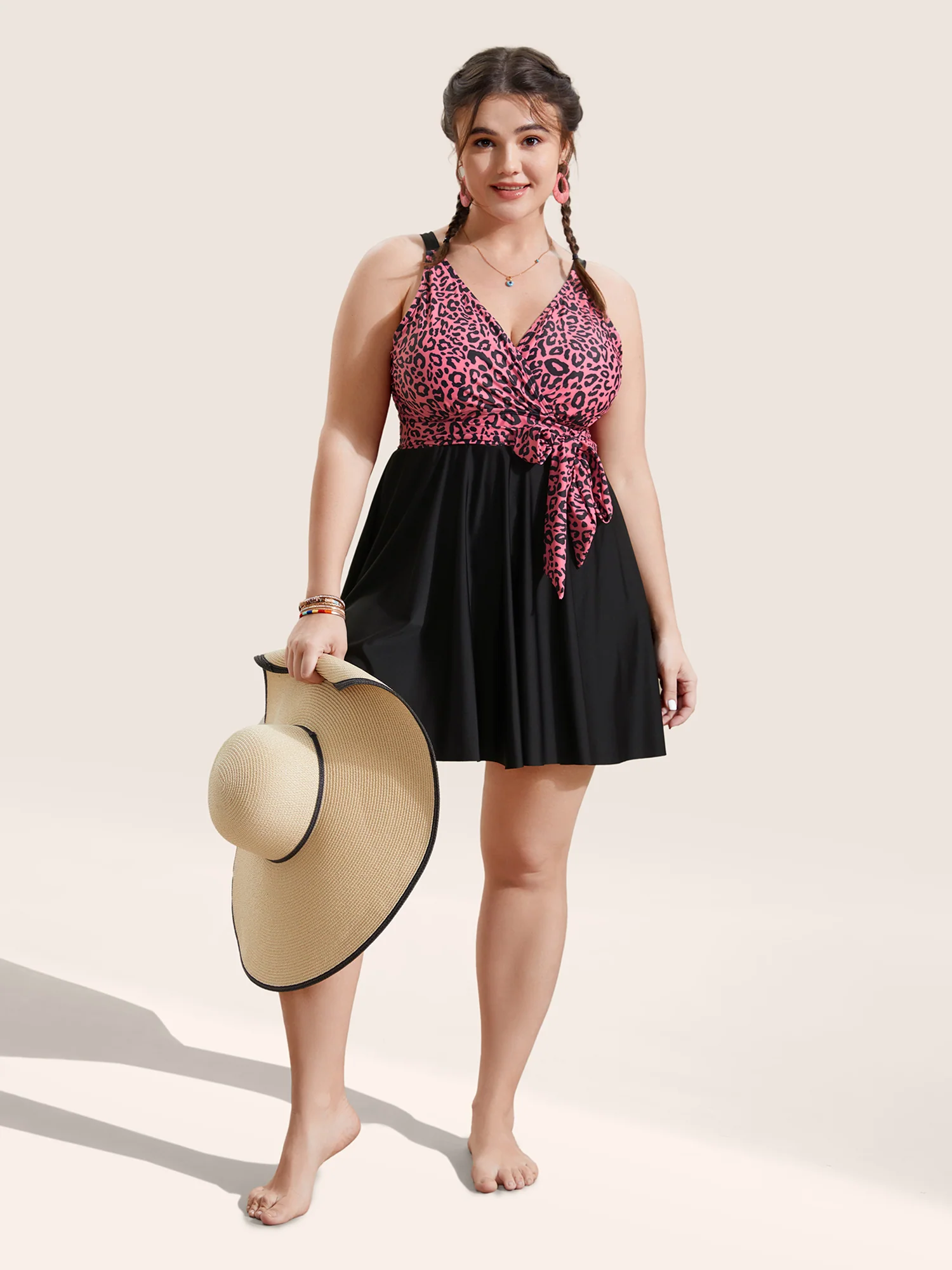 Leopard Print Patchwork Tie Knot Swim Dress - Image 2