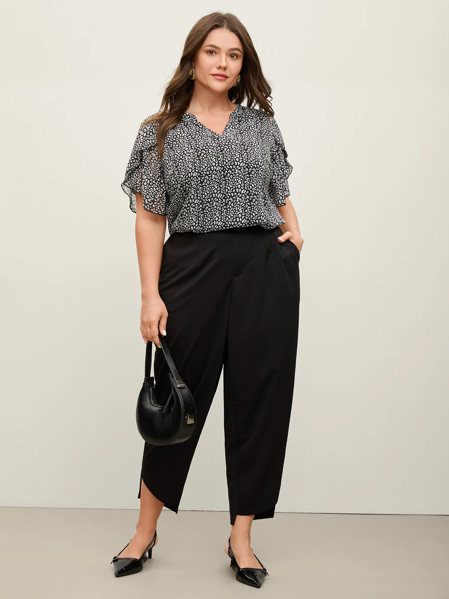 Leopard Print Petal Layered Sleeve Blouse - Image 3