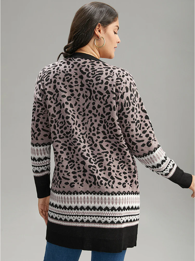 Leopard Print Pocket Contrast Trim Cardigan - Image 2