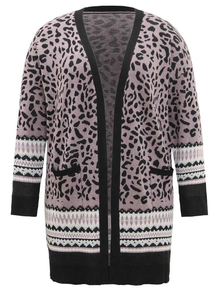 Leopard Print Pocket Contrast Trim Cardigan - Image 7