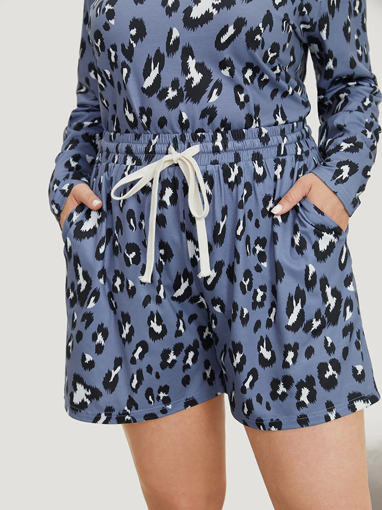 Leopard Print Pockets Drawstring Pajama Shorts