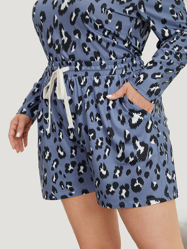 Leopard Print Pockets Drawstring Pajama Shorts - Image 3