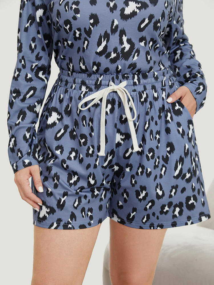 Leopard Print Pockets Drawstring Pajama Shorts - Image 4
