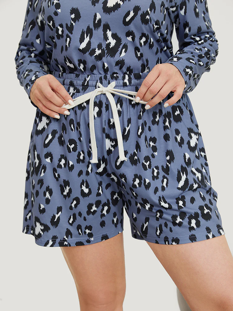 Leopard Print Pockets Drawstring Pajama Shorts - Image 5