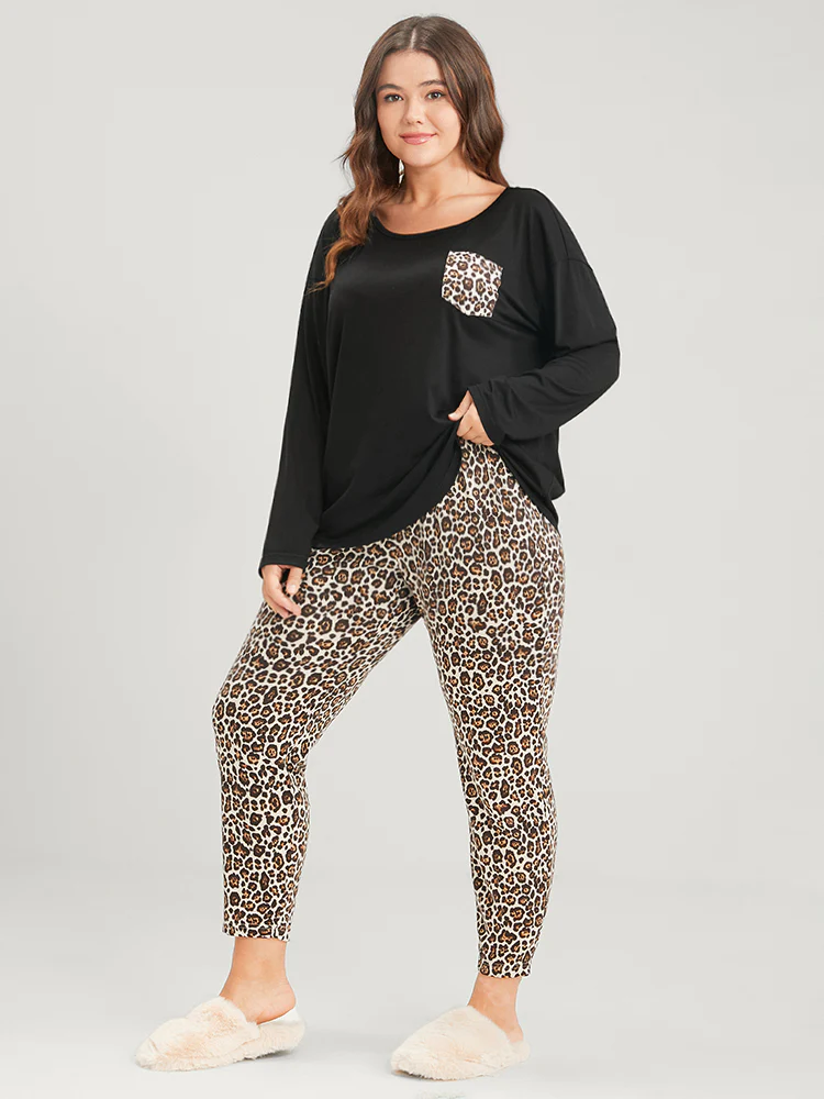 Leopard Print Pocket Two-Piece Loungewear Set