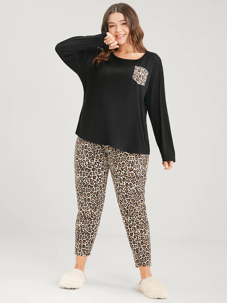 Leopard Print Pocket Two-Piece Loungewear Set - Image 4