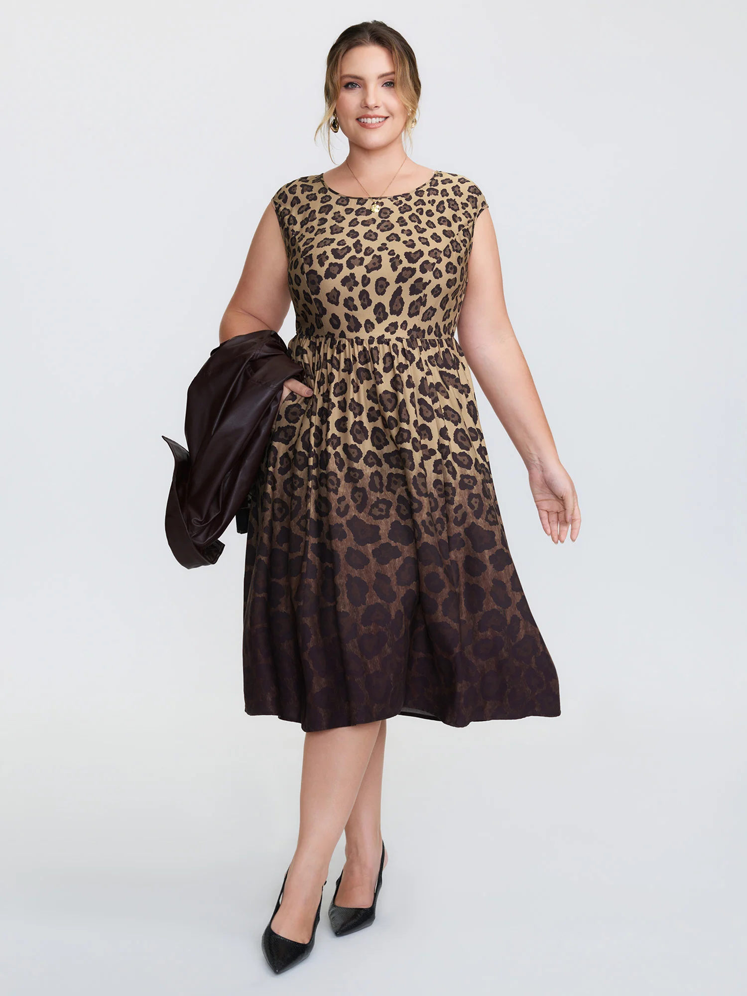 Leopard Print Pockets Stretchy Waist Midi Dress - Image 3