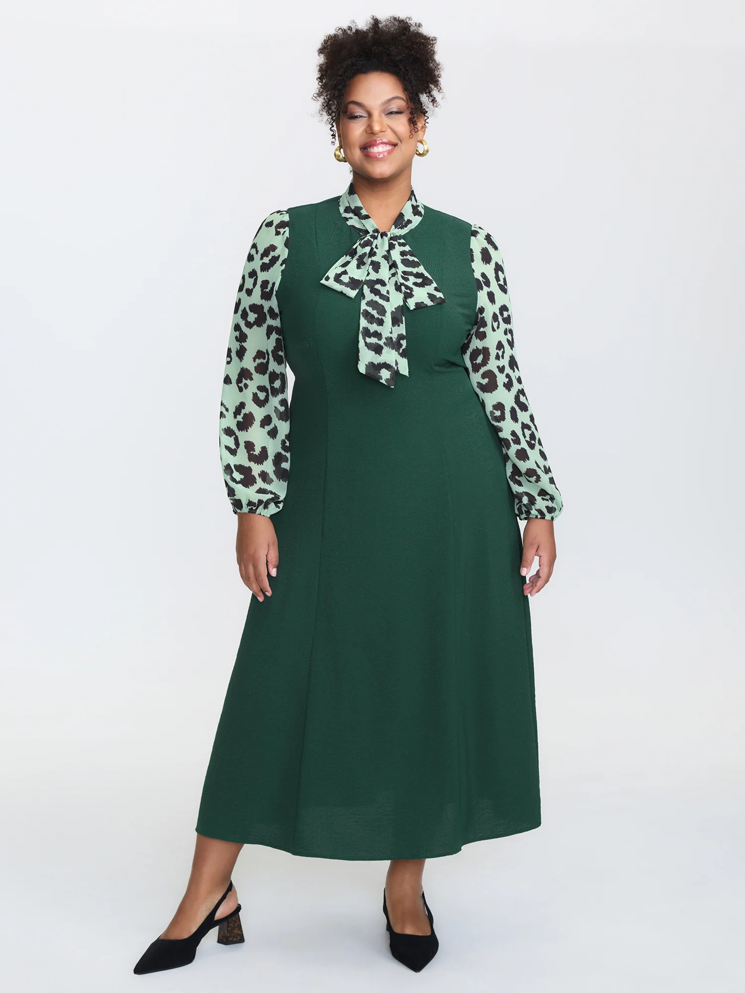 Leopard Print Ribbon Collar Midi Dress - Image 2