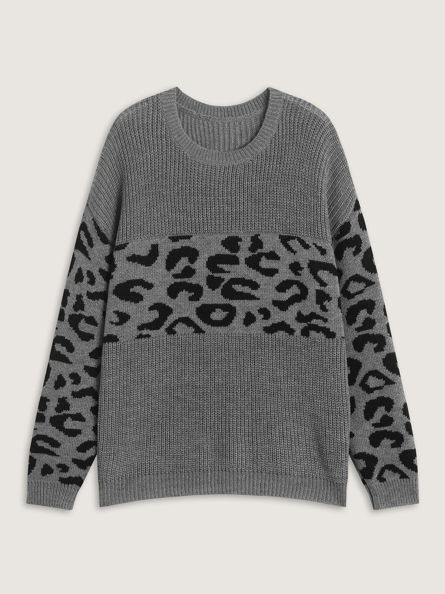 Leopard Print Round Neck Textured Pullover - Image 7