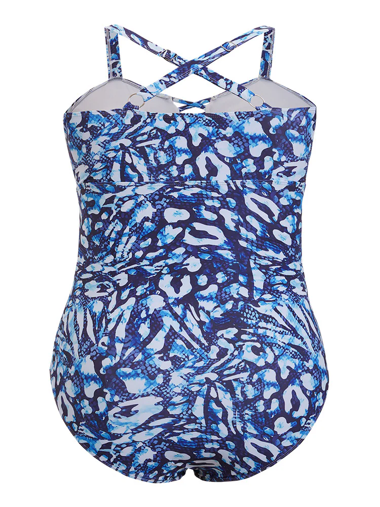 Leopard Print Ruched Crisscross Front One Piece Swimsuit - Image 3