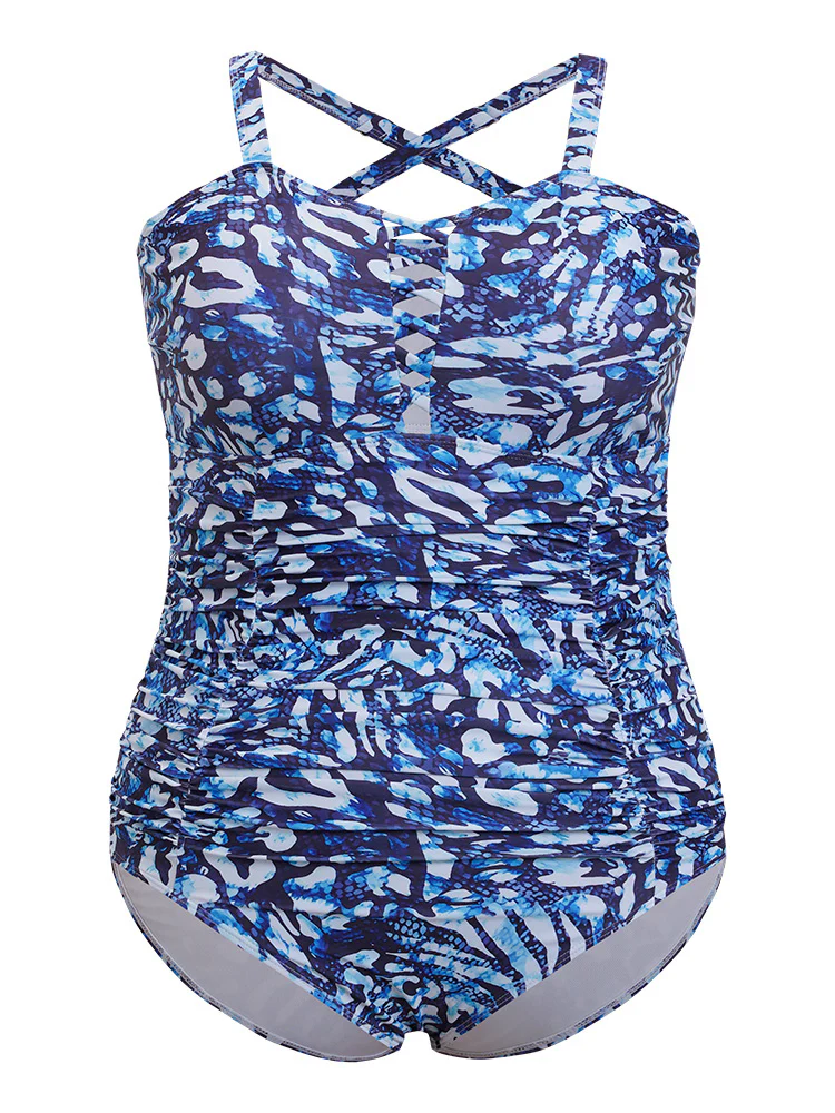 Leopard Print Ruched Crisscross Front One Piece Swimsuit - Image 4