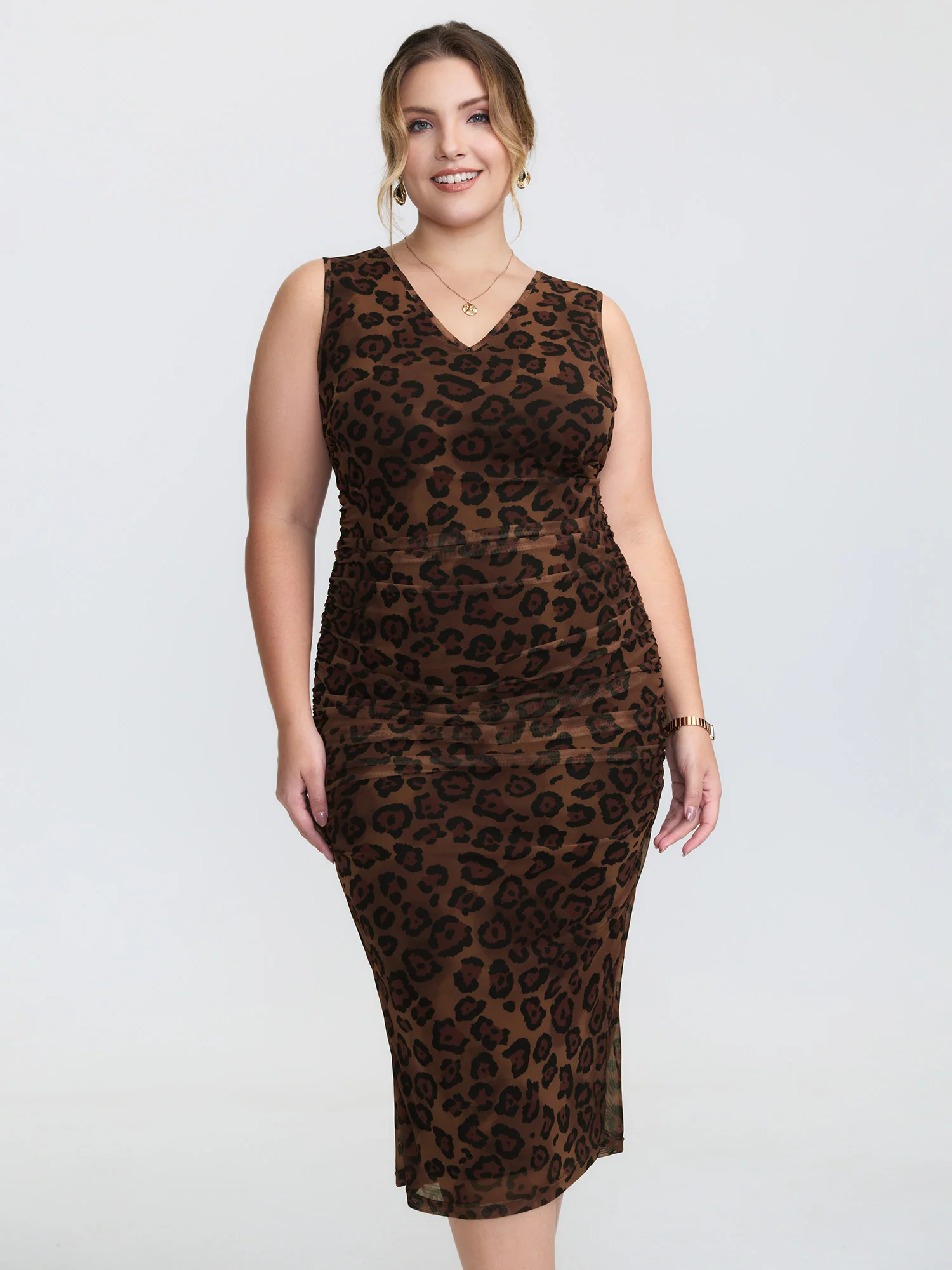 Leopard Print Ruched Sleeveless Dress - Image 2
