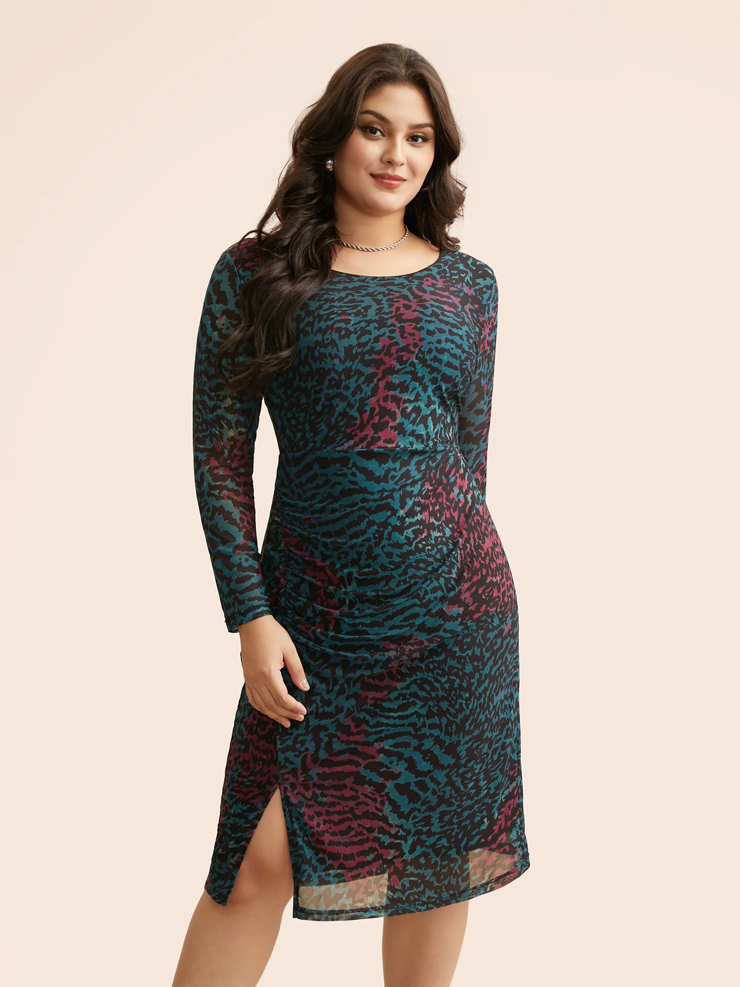 Leopard Print Ruched Split Hem Dress