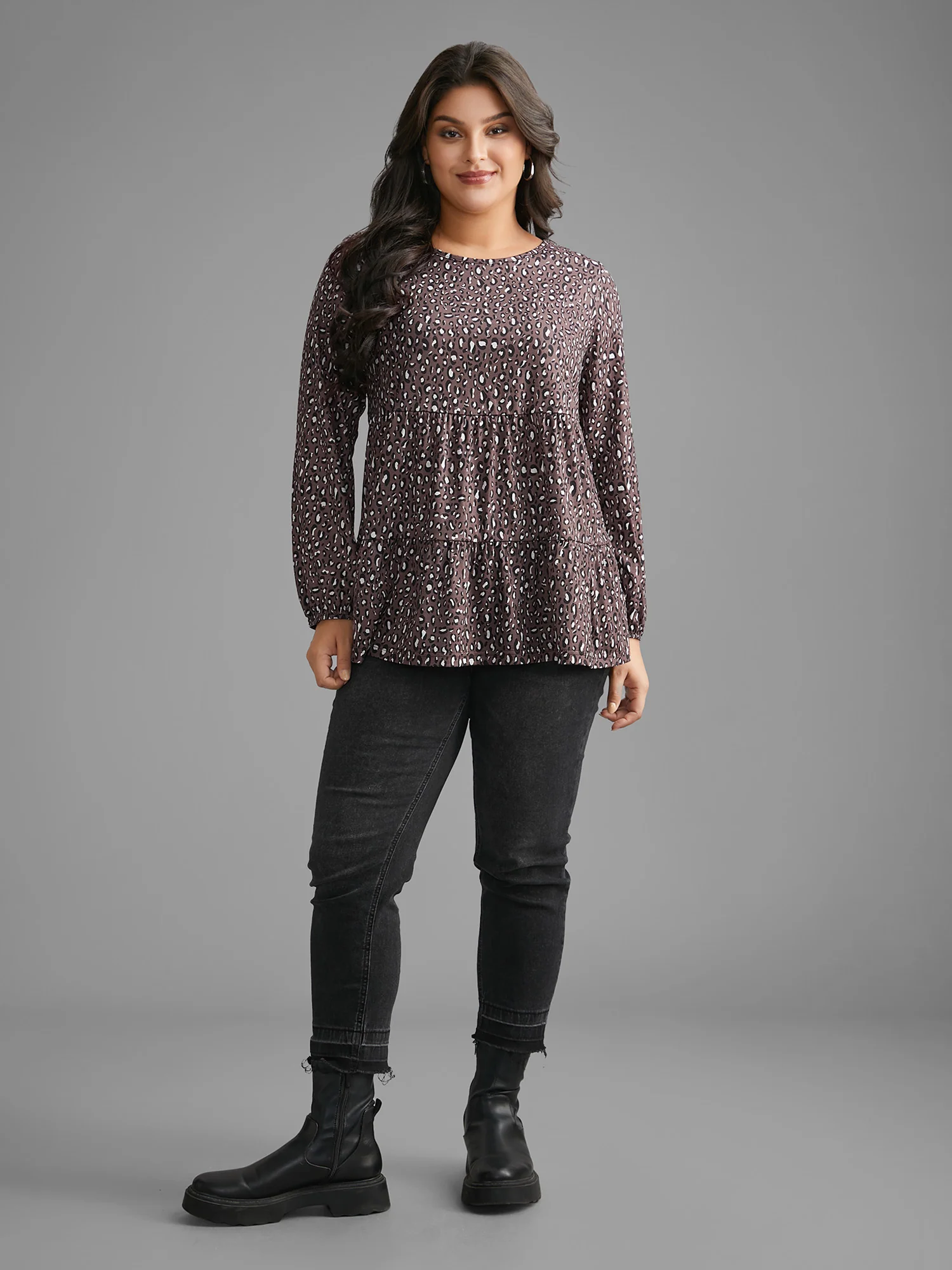 Leopard Print Ruffle Layered Hem Jersey Top - Image 2