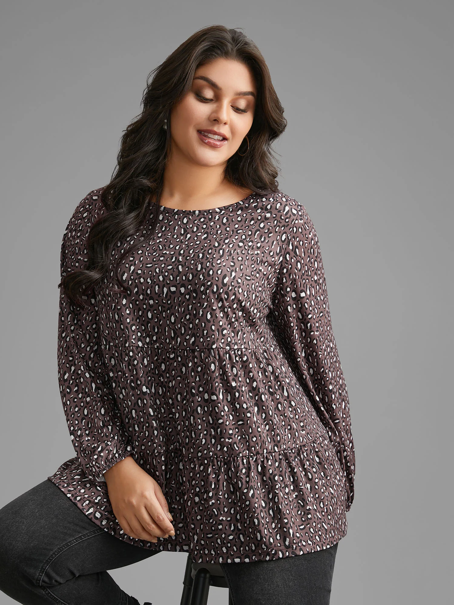 Leopard Print Ruffle Layered Hem Jersey Top - Image 3