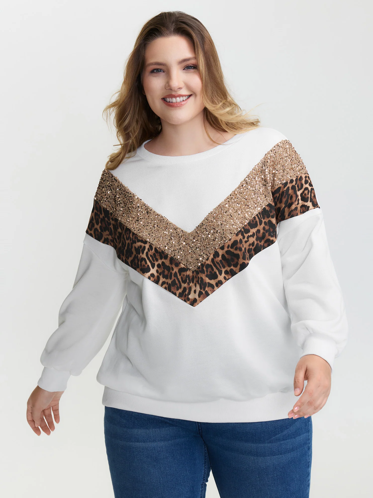 Leopard Print Sequin Contrast Sweatshirt - Image 2